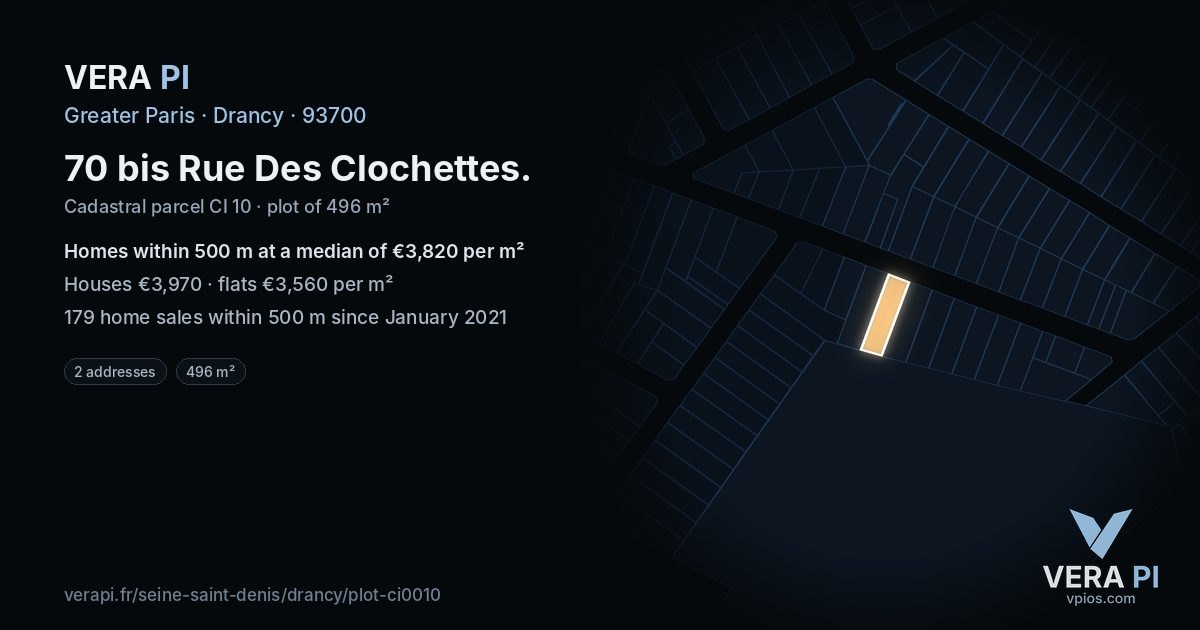 70 bis Rue Des Clochettes, Drancy at night – the plot lit, the parcels around coloured by the prices near them