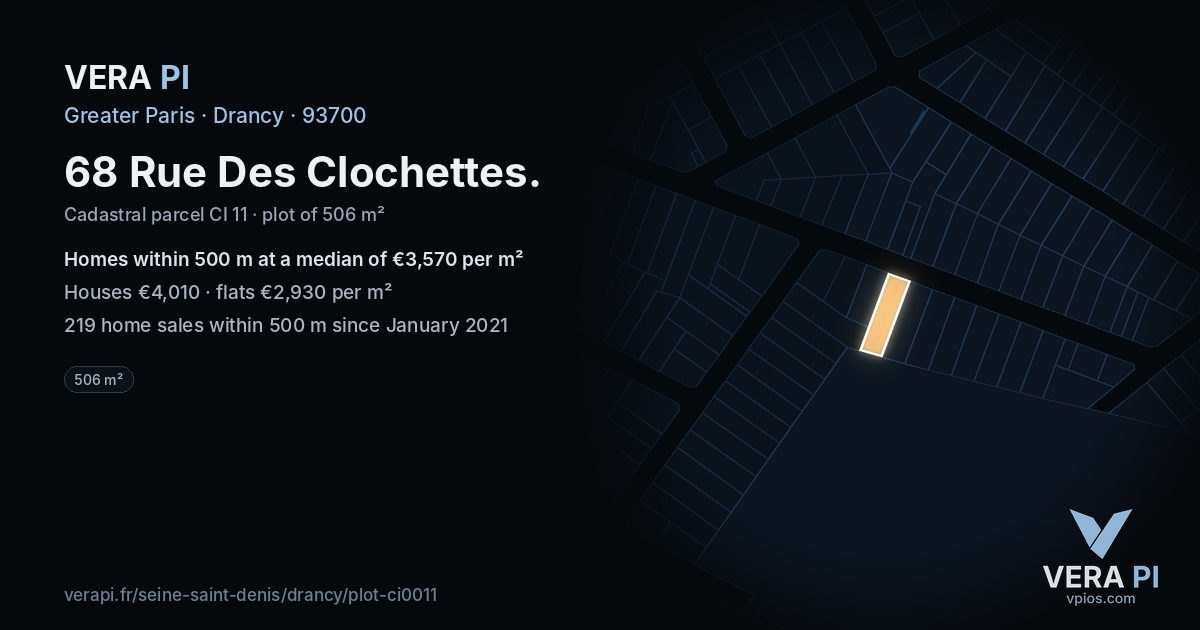68 Rue Des Clochettes, Drancy at night – the plot lit, the parcels around coloured by the prices near them