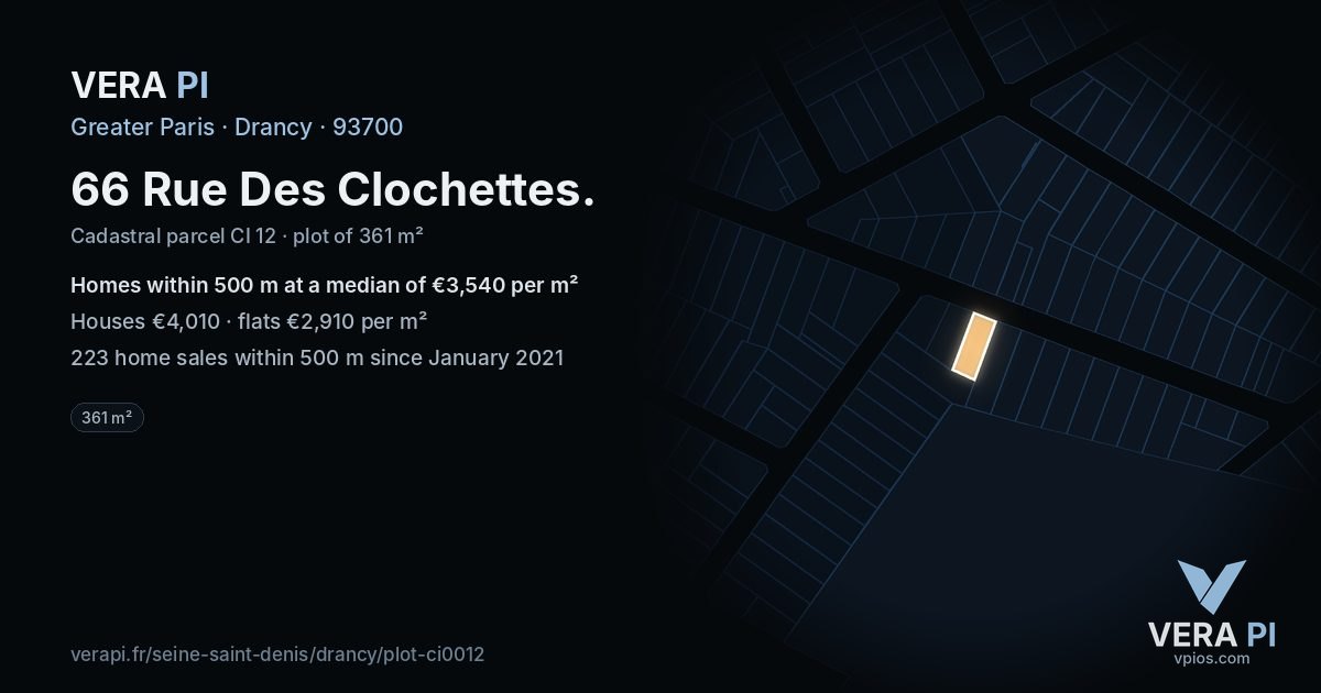 66 Rue Des Clochettes, Drancy at night – the plot lit, the parcels around coloured by the prices near them