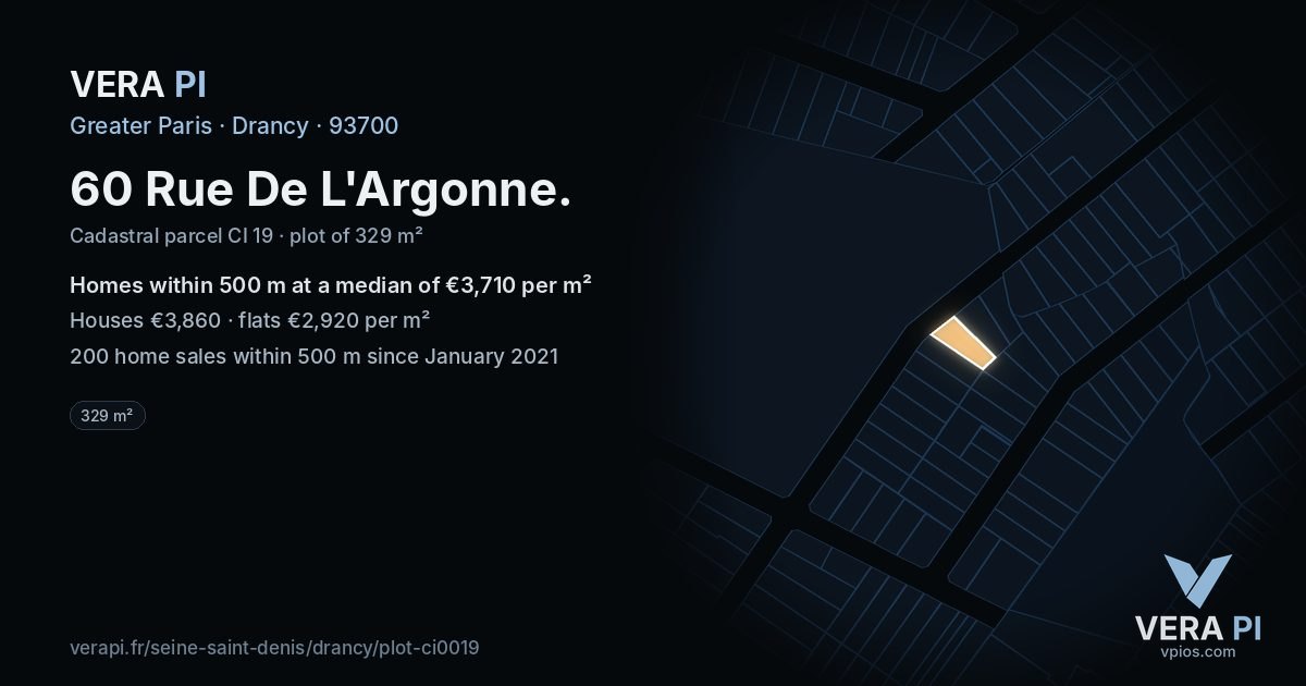 60 Rue De L'Argonne, Drancy at night – the plot lit, the parcels around coloured by the prices near them