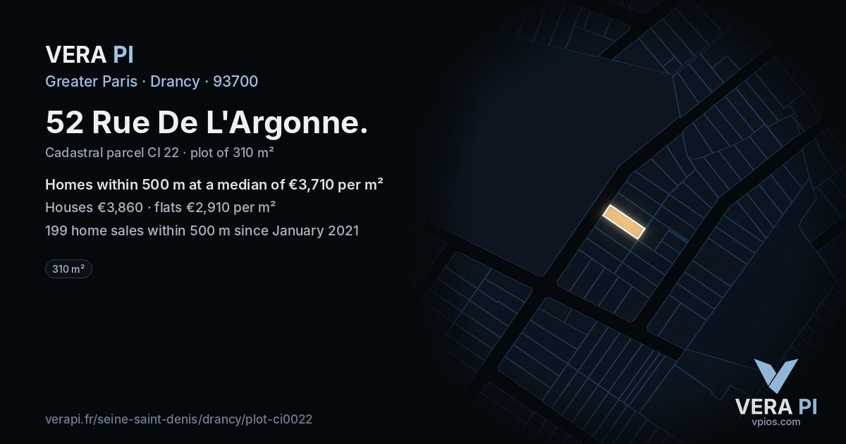 52 Rue De L'Argonne, Drancy at night – the plot lit, the parcels around coloured by the prices near them
