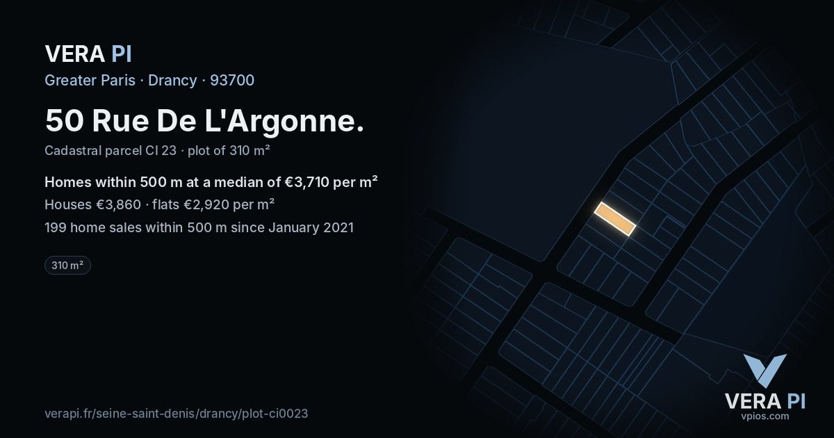 50 Rue De L'Argonne, Drancy at night – the plot lit, the parcels around coloured by the prices near them