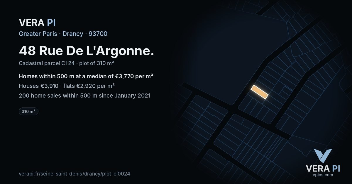 48 Rue De L'Argonne, Drancy at night – the plot lit, the parcels around coloured by the prices near them