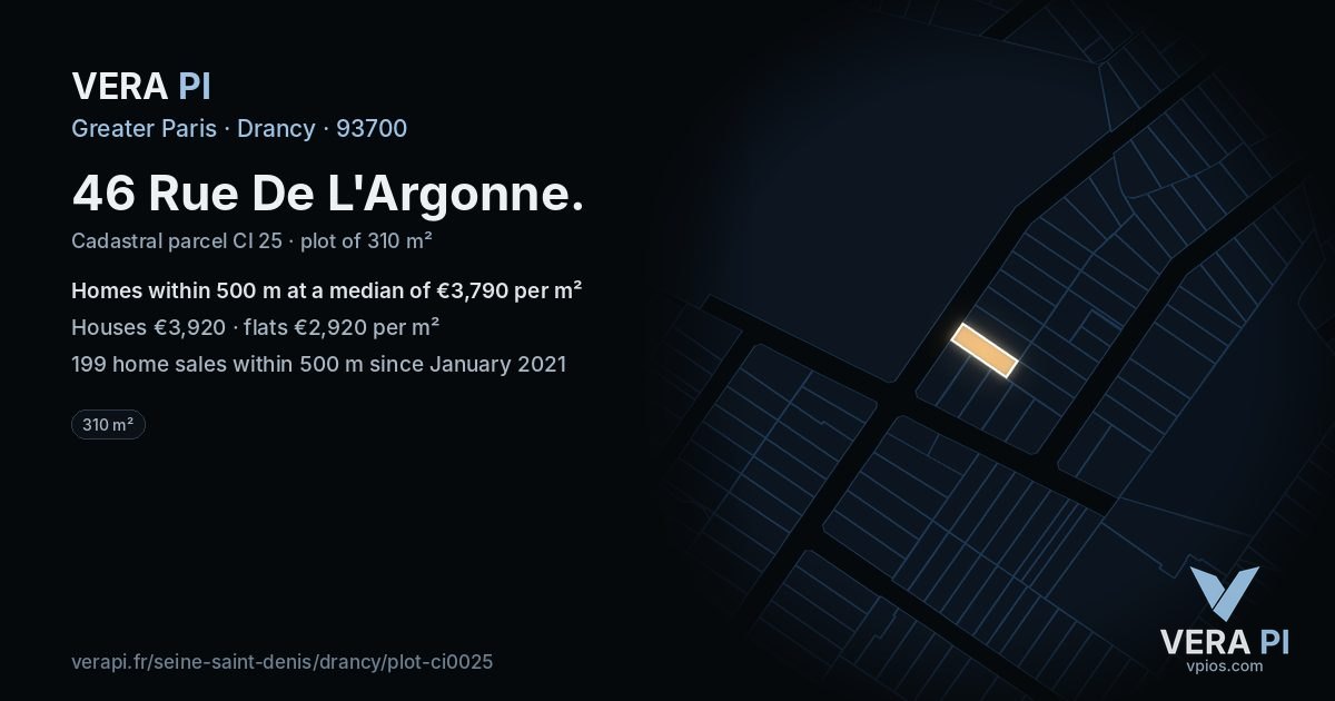 46 Rue De L'Argonne, Drancy at night – the plot lit, the parcels around coloured by the prices near them