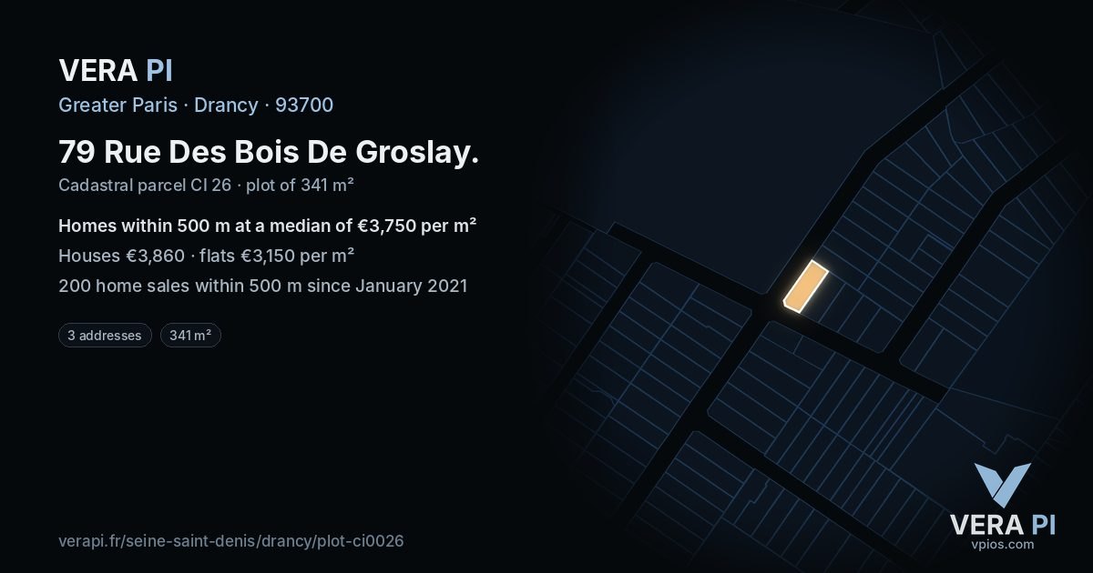 79 Rue Des Bois De Groslay, Drancy at night – the plot lit, the parcels around coloured by the prices near them
