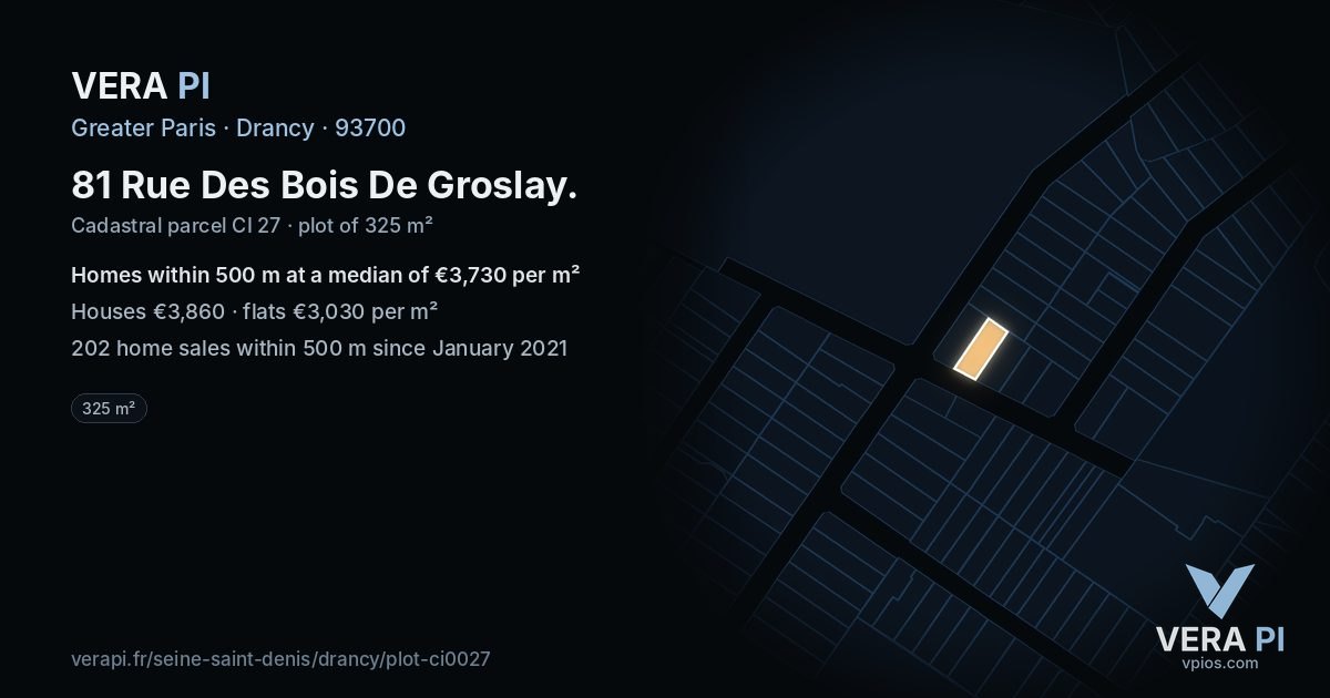 81 Rue Des Bois De Groslay, Drancy at night – the plot lit, the parcels around coloured by the prices near them