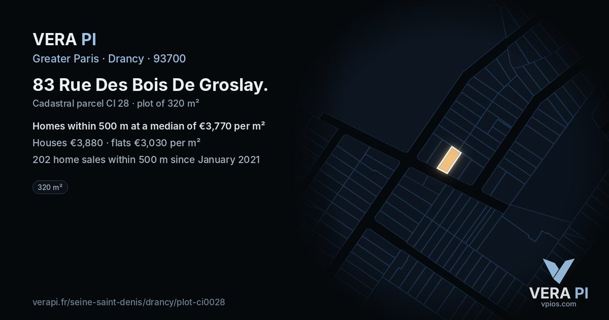 83 Rue Des Bois De Groslay, Drancy at night – the plot lit, the parcels around coloured by the prices near them