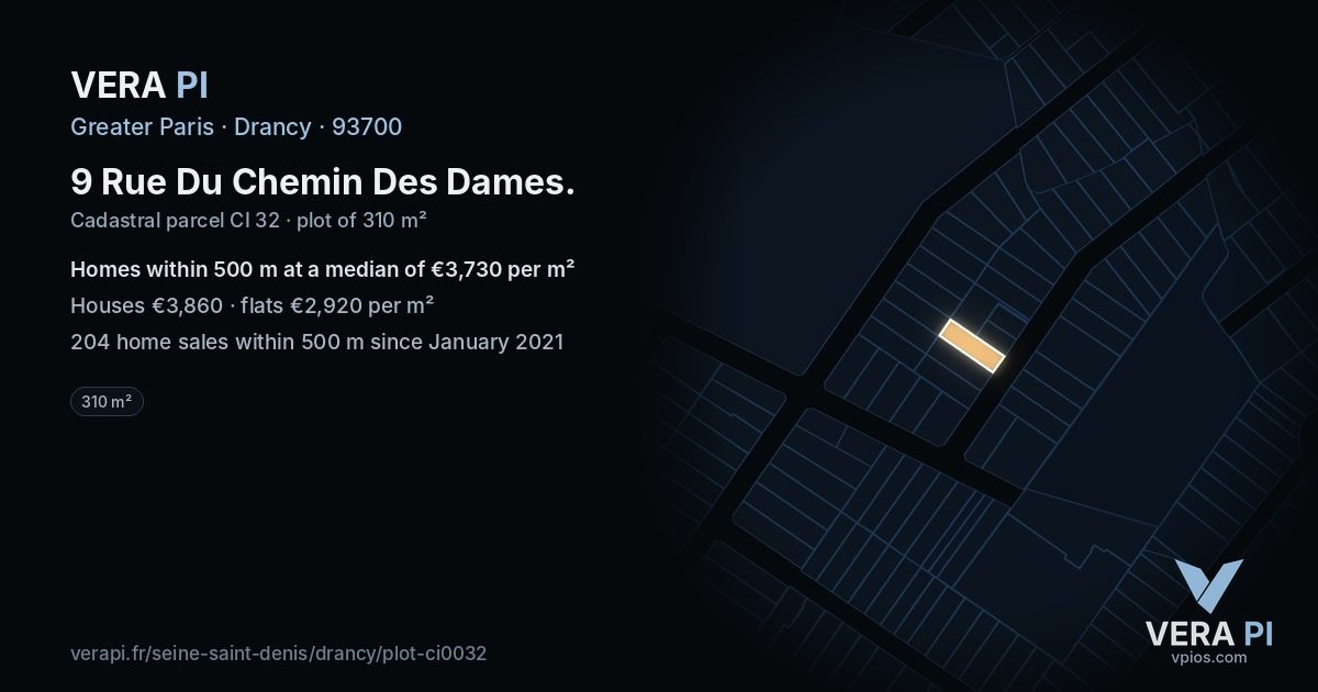 9 Rue Du Chemin Des Dames, Drancy at night – the plot lit, the parcels around coloured by the prices near them