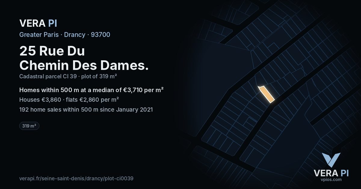 25 Rue Du Chemin Des Dames, Drancy at night – the plot lit, the parcels around coloured by the prices near them