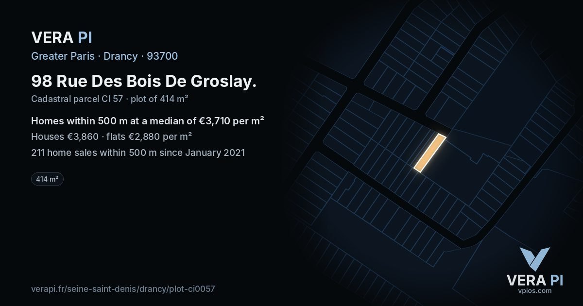 98 Rue Des Bois De Groslay, Drancy at night – the plot lit, the parcels around coloured by the prices near them