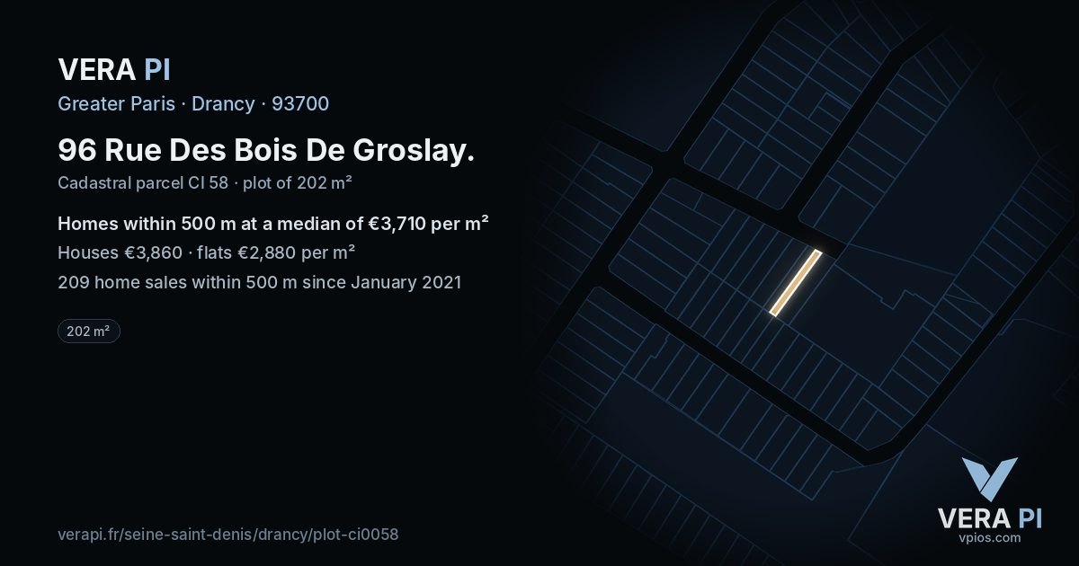 96 Rue Des Bois De Groslay, Drancy at night – the plot lit, the parcels around coloured by the prices near them