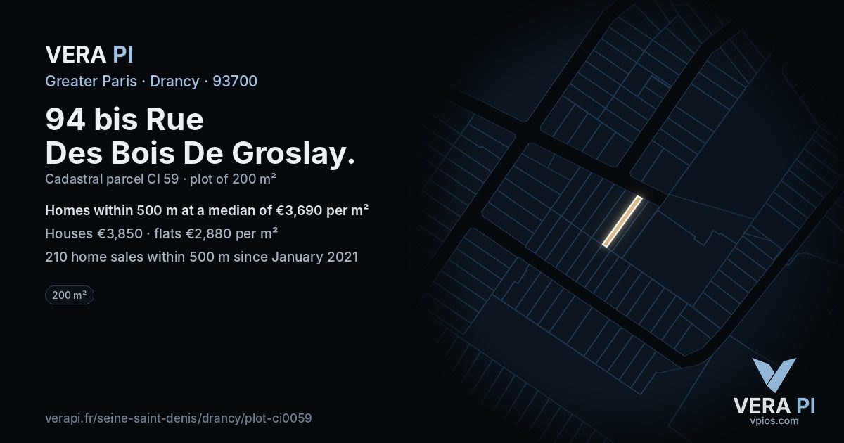 94 bis Rue Des Bois De Groslay, Drancy at night – the plot lit, the parcels around coloured by the prices near them