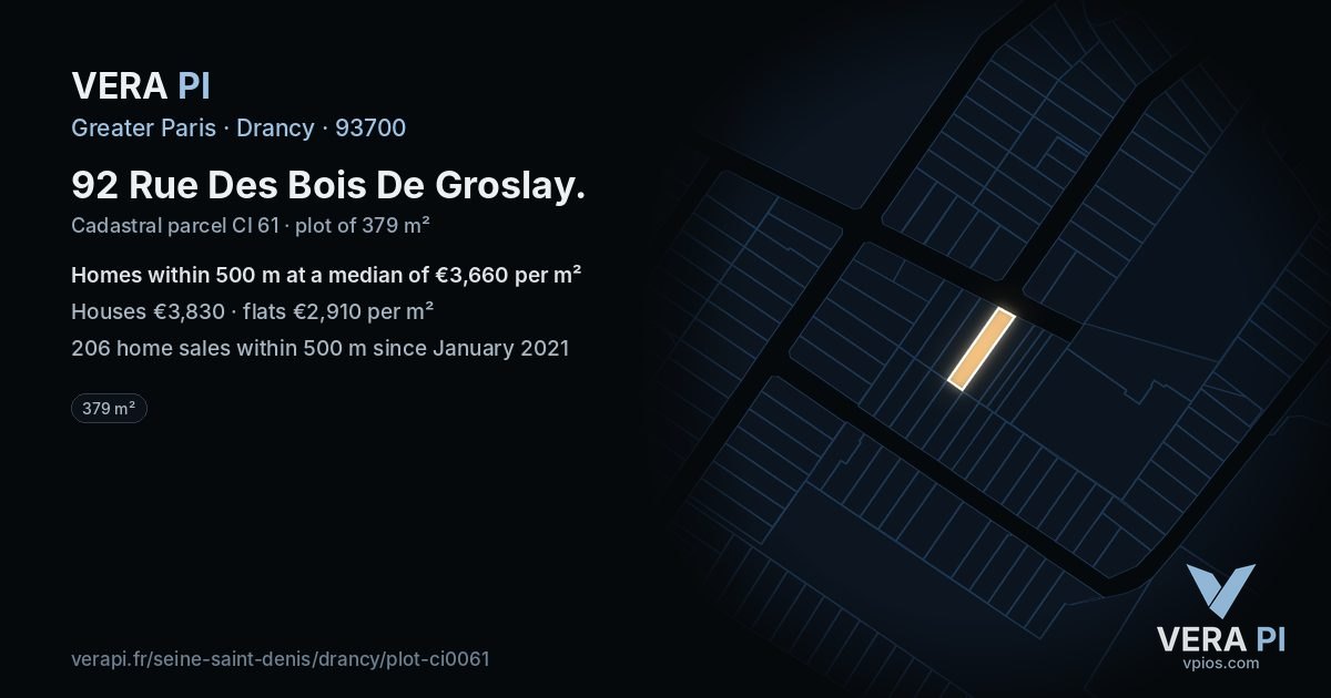 92 Rue Des Bois De Groslay, Drancy at night – the plot lit, the parcels around coloured by the prices near them