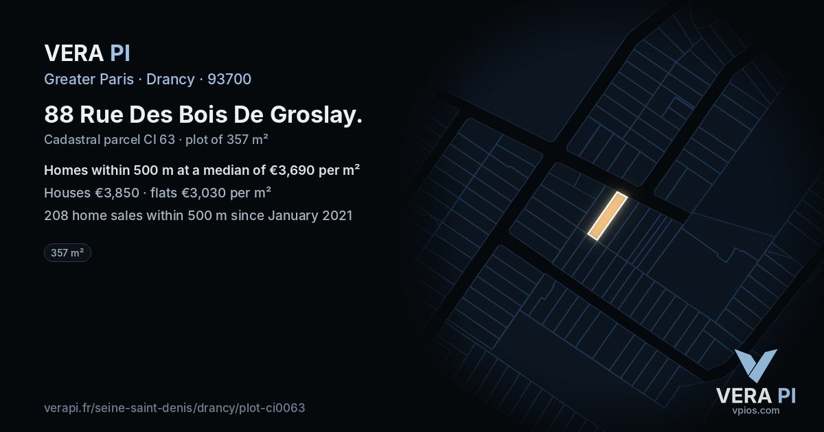 88 Rue Des Bois De Groslay, Drancy at night – the plot lit, the parcels around coloured by the prices near them