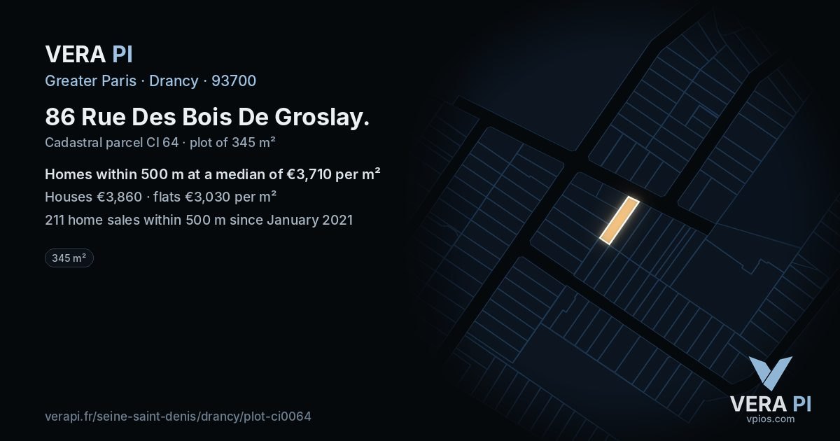 86 Rue Des Bois De Groslay, Drancy at night – the plot lit, the parcels around coloured by the prices near them