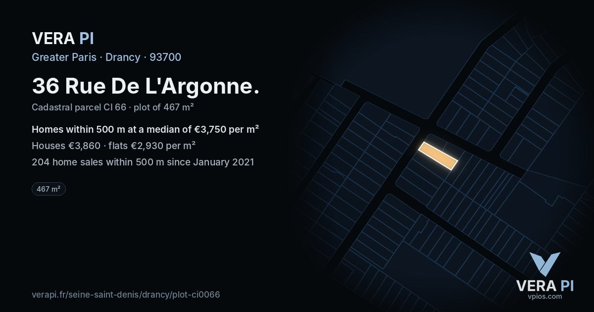 36 Rue De L'Argonne, Drancy at night – the plot lit, the parcels around coloured by the prices near them