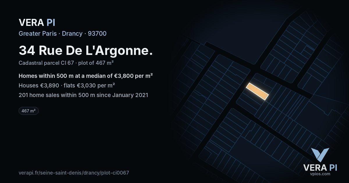 34 Rue De L'Argonne, Drancy at night – the plot lit, the parcels around coloured by the prices near them