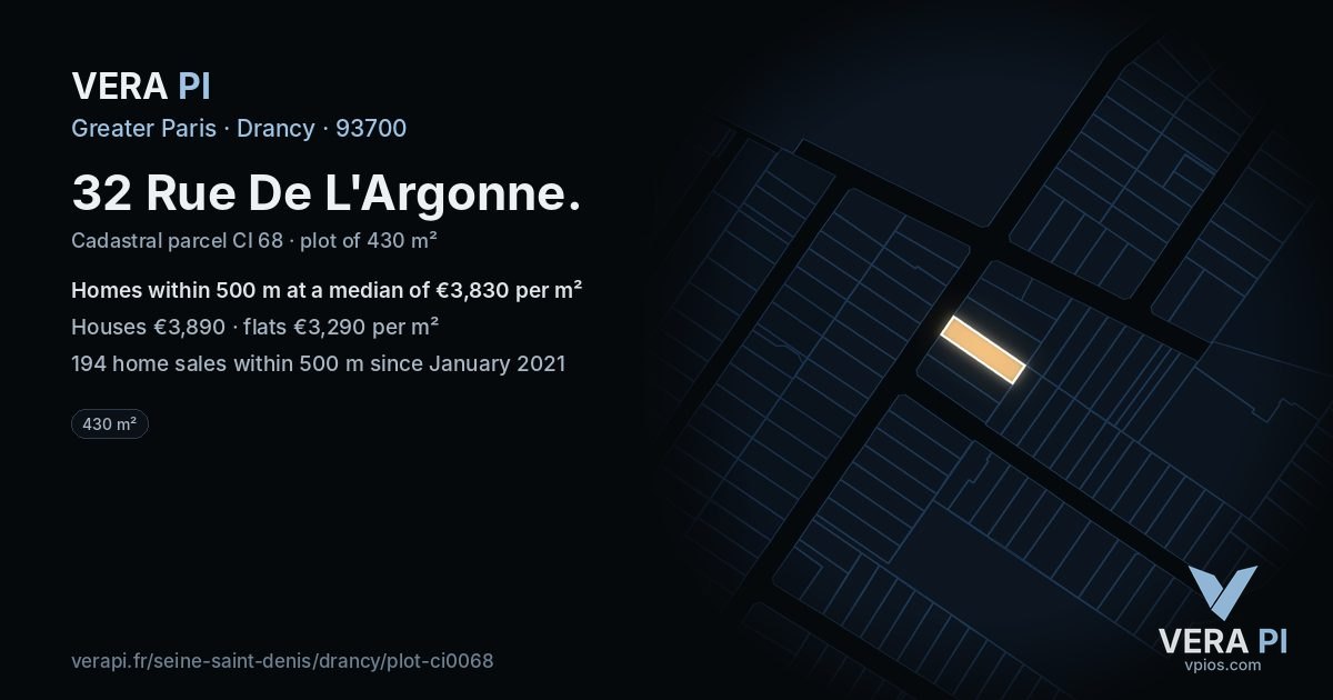 32 Rue De L'Argonne, Drancy at night – the plot lit, the parcels around coloured by the prices near them
