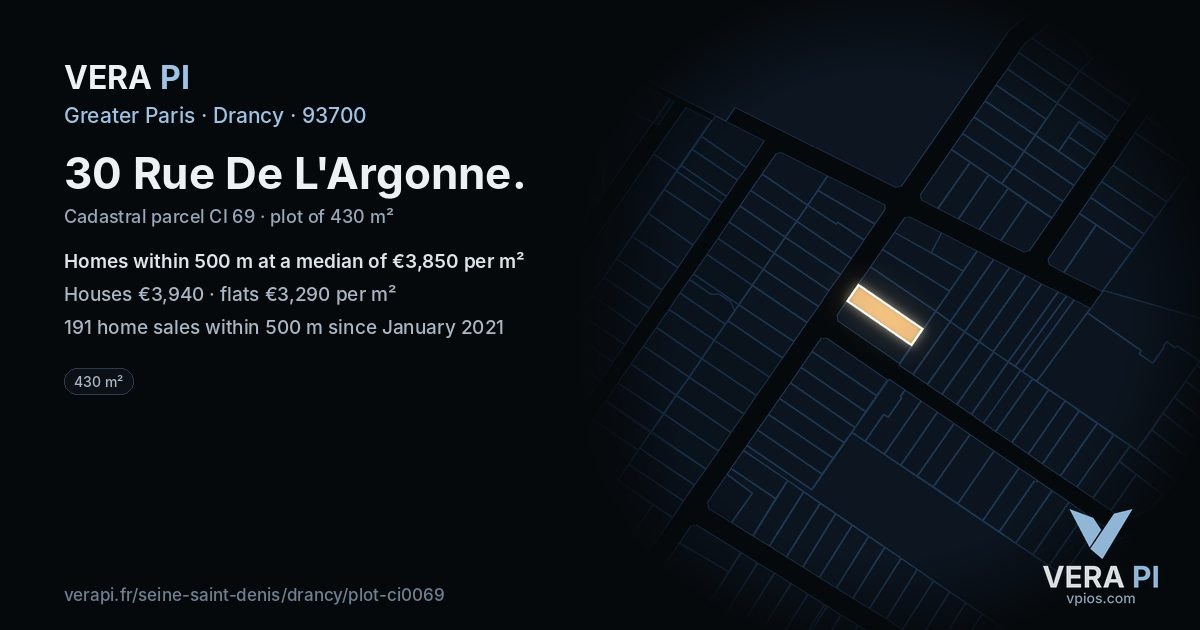 30 Rue De L'Argonne, Drancy at night – the plot lit, the parcels around coloured by the prices near them