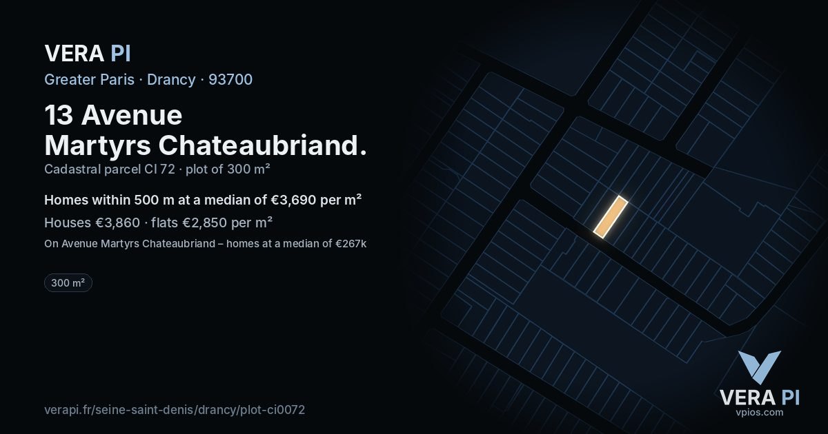 13 Avenue Martyrs Chateaubriand, Drancy at night – the plot lit, the parcels around coloured by the prices near them