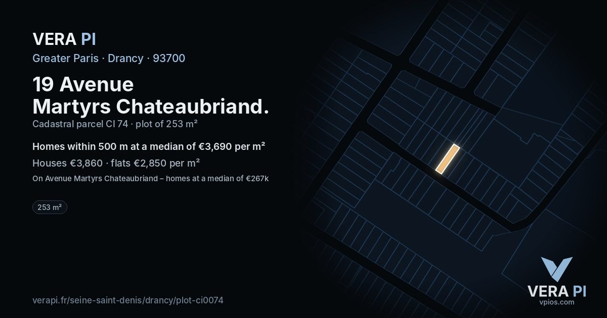 19 Avenue Martyrs Chateaubriand, Drancy at night – the plot lit, the parcels around coloured by the prices near them
