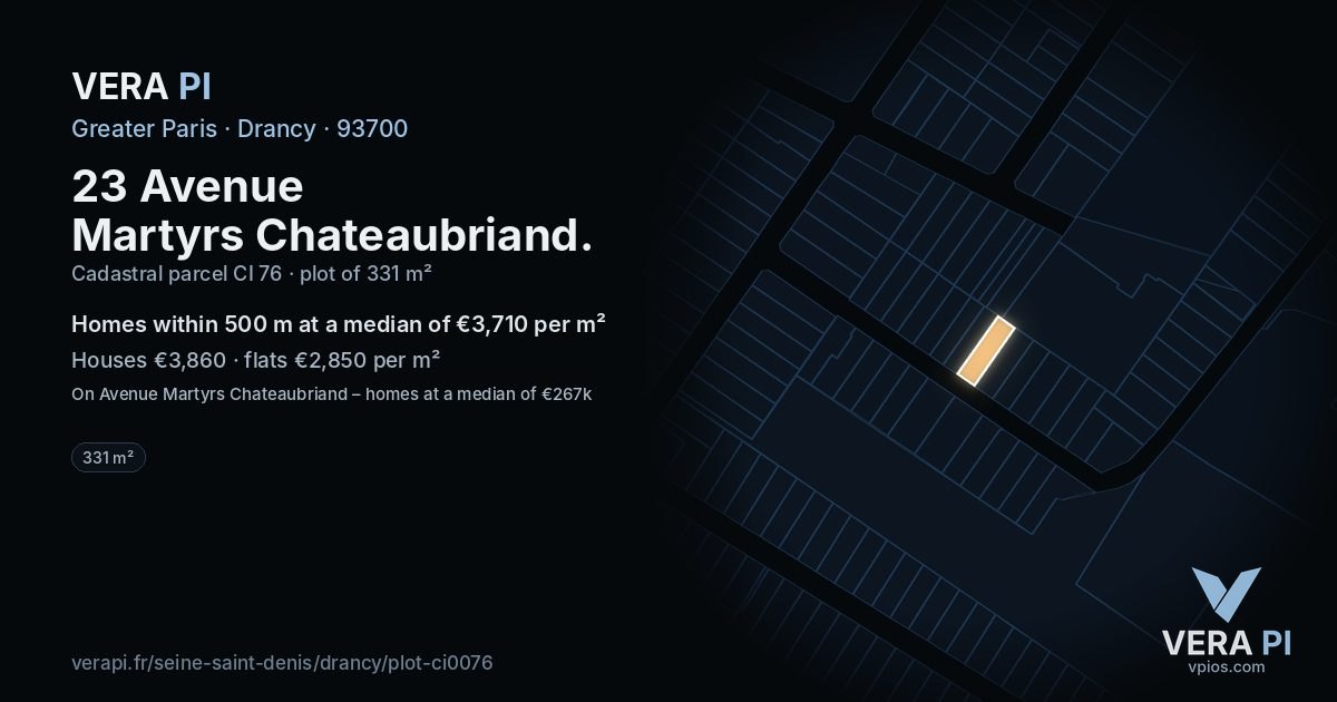 23 Avenue Martyrs Chateaubriand, Drancy at night – the plot lit, the parcels around coloured by the prices near them