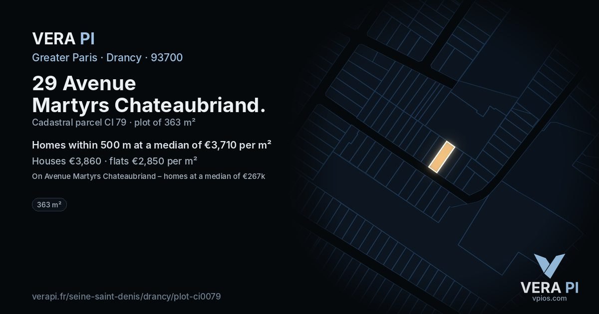 29 Avenue Martyrs Chateaubriand, Drancy at night – the plot lit, the parcels around coloured by the prices near them