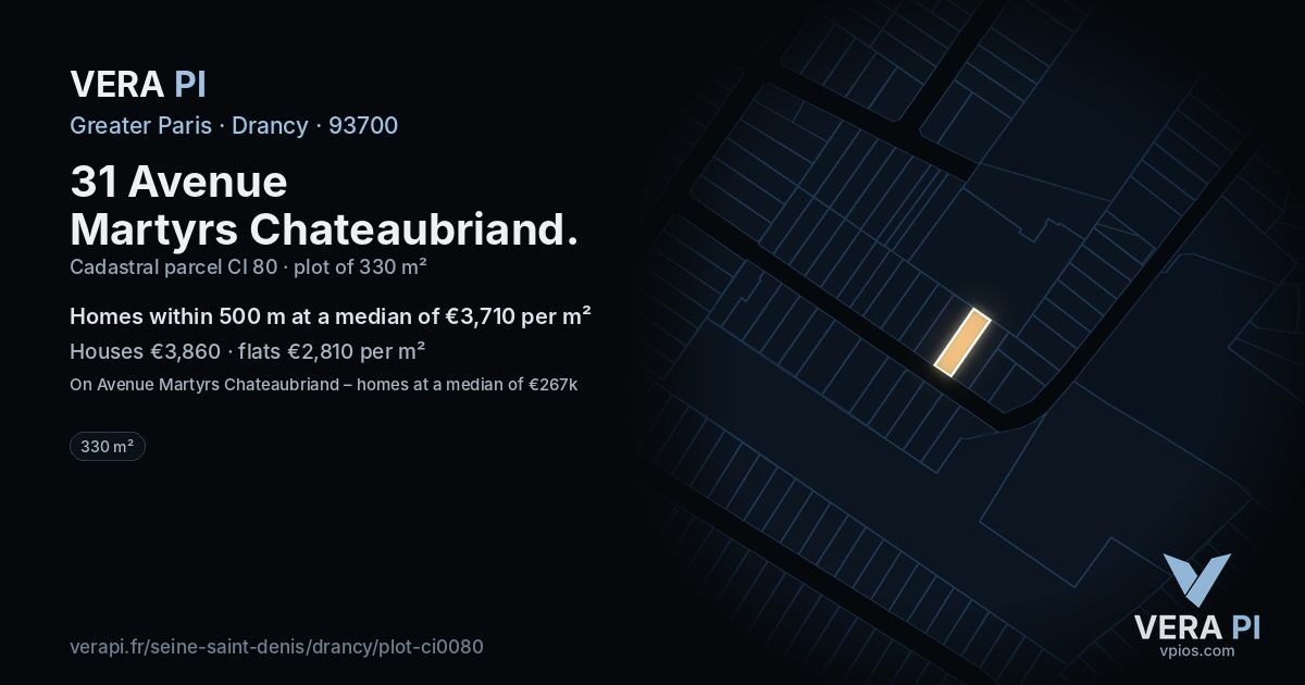 31 Avenue Martyrs Chateaubriand, Drancy at night – the plot lit, the parcels around coloured by the prices near them