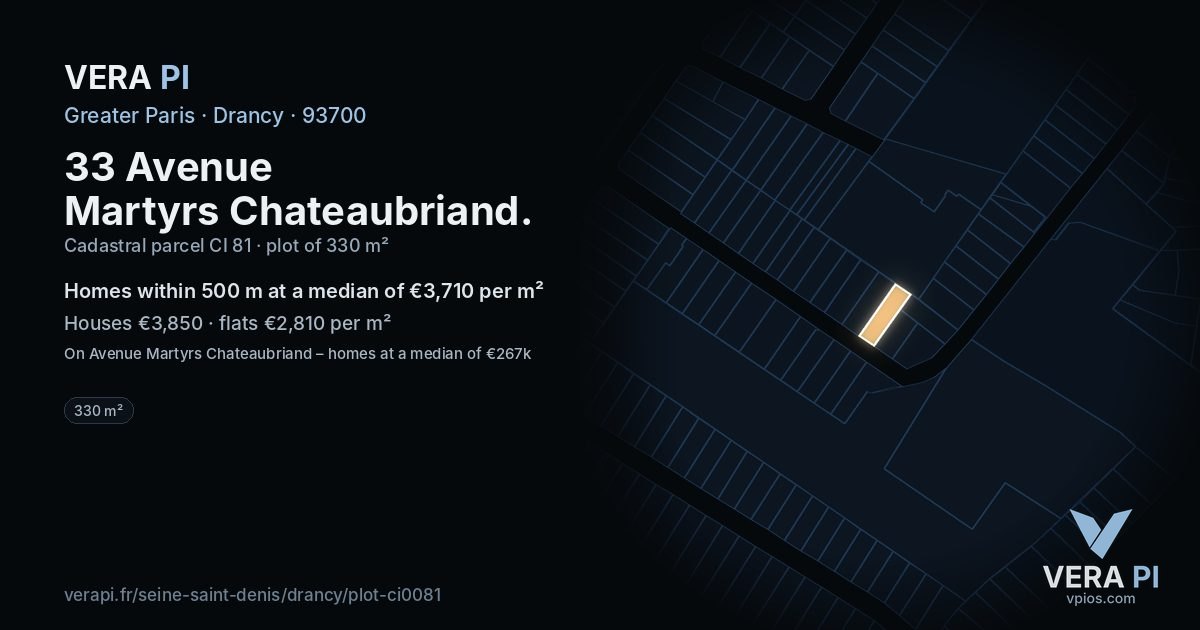 33 Avenue Martyrs Chateaubriand, Drancy at night – the plot lit, the parcels around coloured by the prices near them