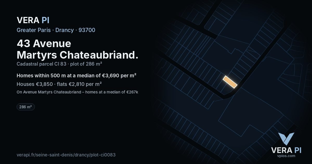 43 Avenue Martyrs Chateaubriand, Drancy at night – the plot lit, the parcels around coloured by the prices near them