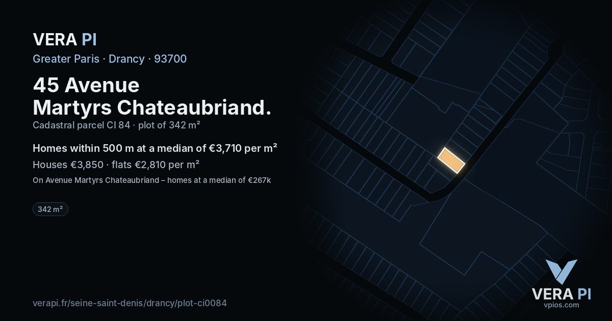 45 Avenue Martyrs Chateaubriand, Drancy at night – the plot lit, the parcels around coloured by the prices near them