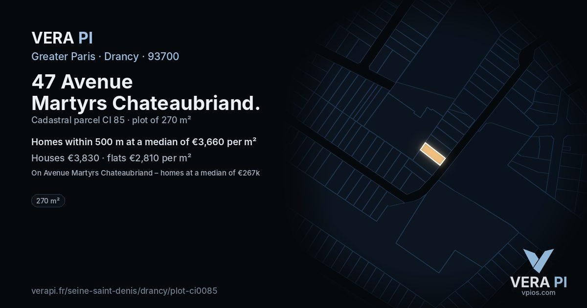 47 Avenue Martyrs Chateaubriand, Drancy at night – the plot lit, the parcels around coloured by the prices near them