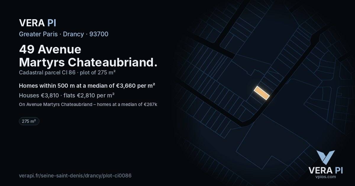 49 Avenue Martyrs Chateaubriand, Drancy at night – the plot lit, the parcels around coloured by the prices near them
