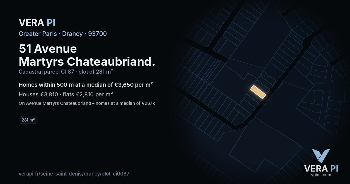 51 Avenue Martyrs Chateaubriand, Drancy at night – the plot lit, the parcels around coloured by the prices near them
