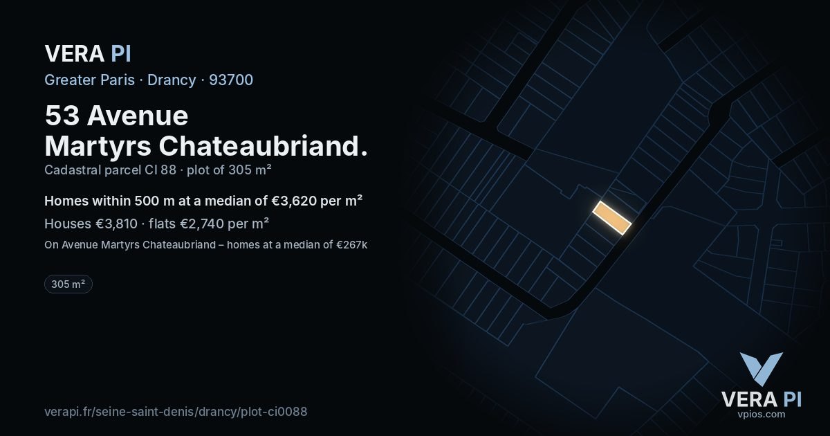 53 Avenue Martyrs Chateaubriand, Drancy at night – the plot lit, the parcels around coloured by the prices near them