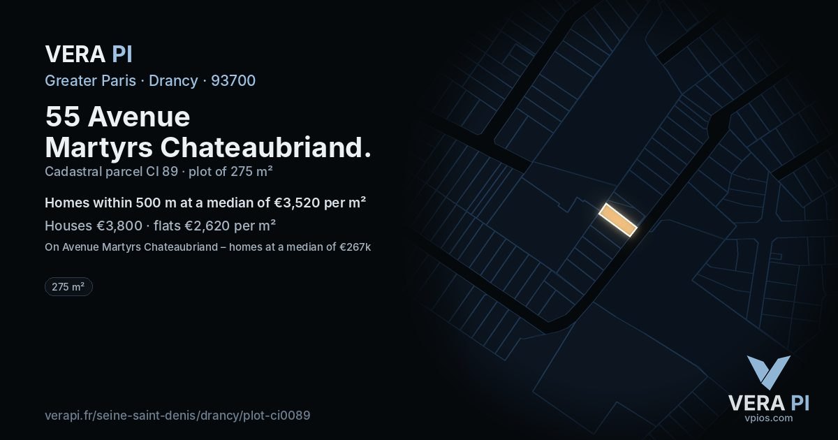 55 Avenue Martyrs Chateaubriand, Drancy at night – the plot lit, the parcels around coloured by the prices near them