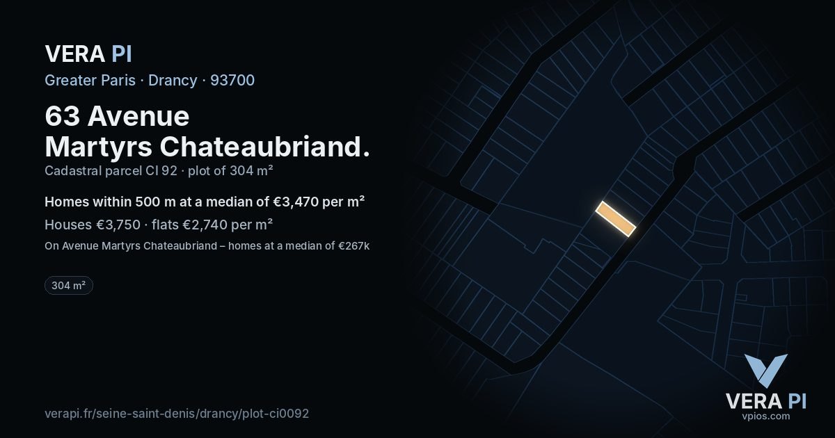 63 Avenue Martyrs Chateaubriand, Drancy at night – the plot lit, the parcels around coloured by the prices near them