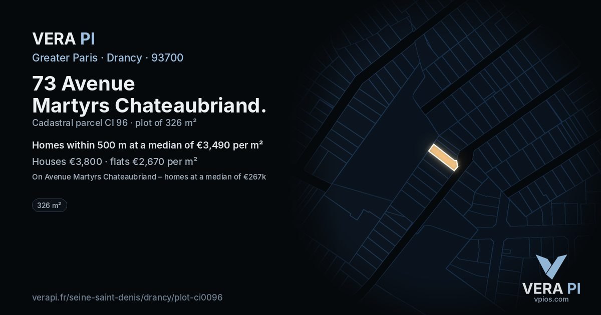 73 Avenue Martyrs Chateaubriand, Drancy at night – the plot lit, the parcels around coloured by the prices near them