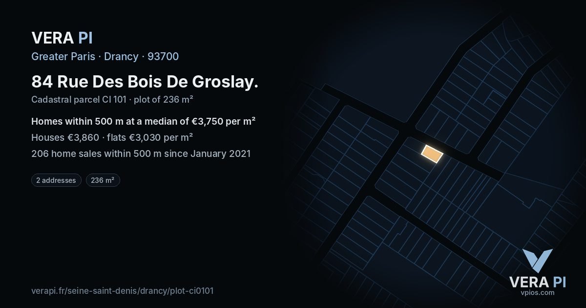 84 Rue Des Bois De Groslay, Drancy at night – the plot lit, the parcels around coloured by the prices near them