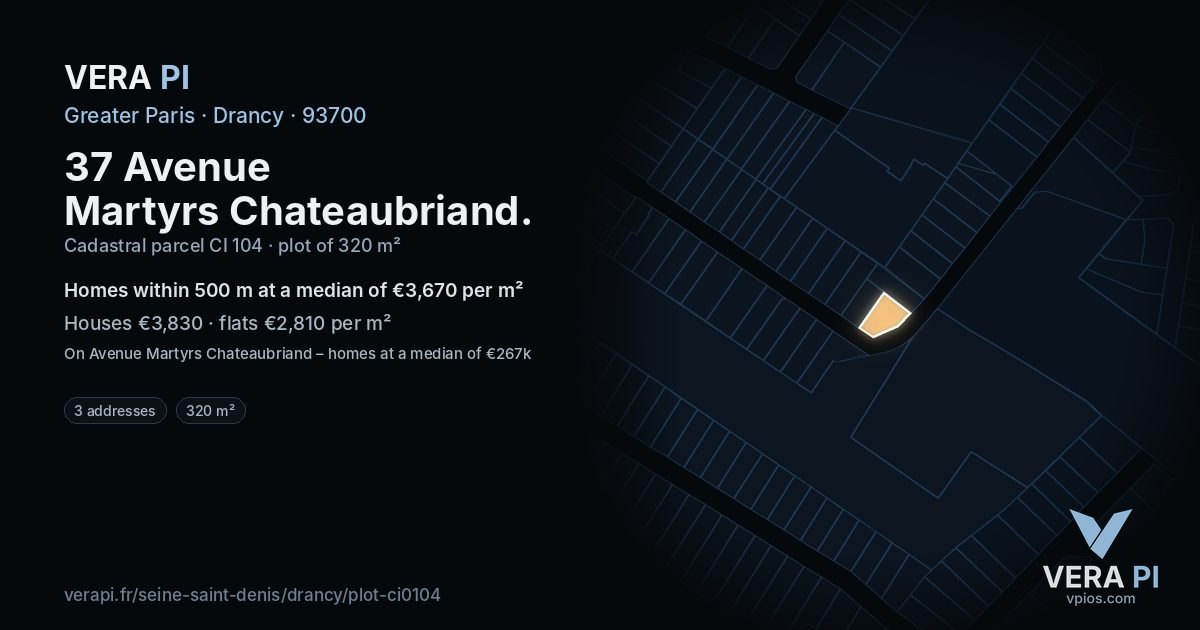 37 Avenue Martyrs Chateaubriand, Drancy at night – the plot lit, the parcels around coloured by the prices near them