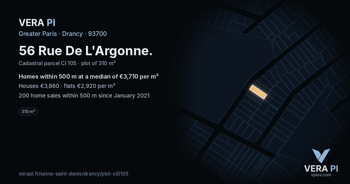 56 Rue De L'Argonne, Drancy at night – the plot lit, the parcels around coloured by the prices near them
