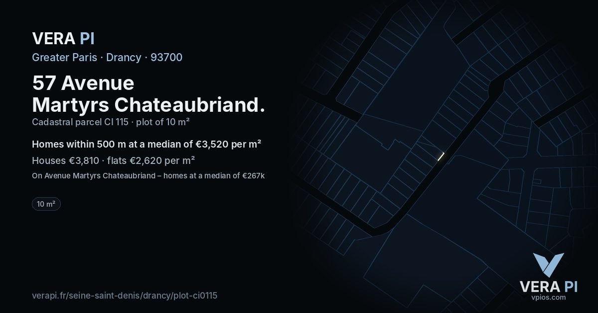 57 Avenue Martyrs Chateaubriand, Drancy at night – the plot lit, the parcels around coloured by the prices near them