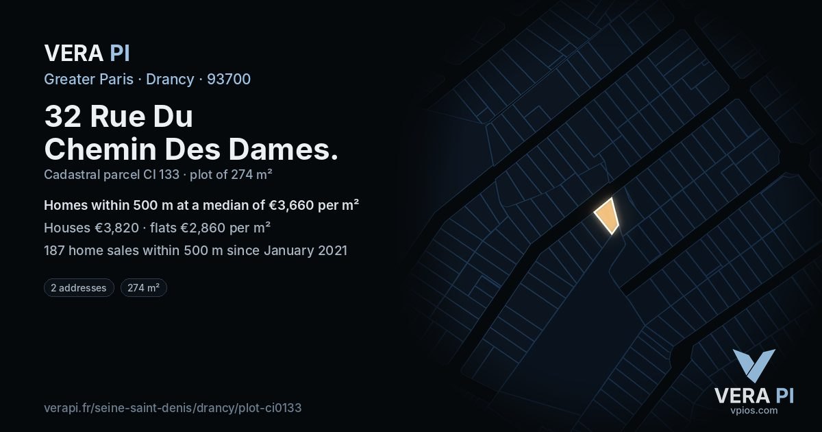 32 Rue Du Chemin Des Dames, Drancy at night – the plot lit, the parcels around coloured by the prices near them