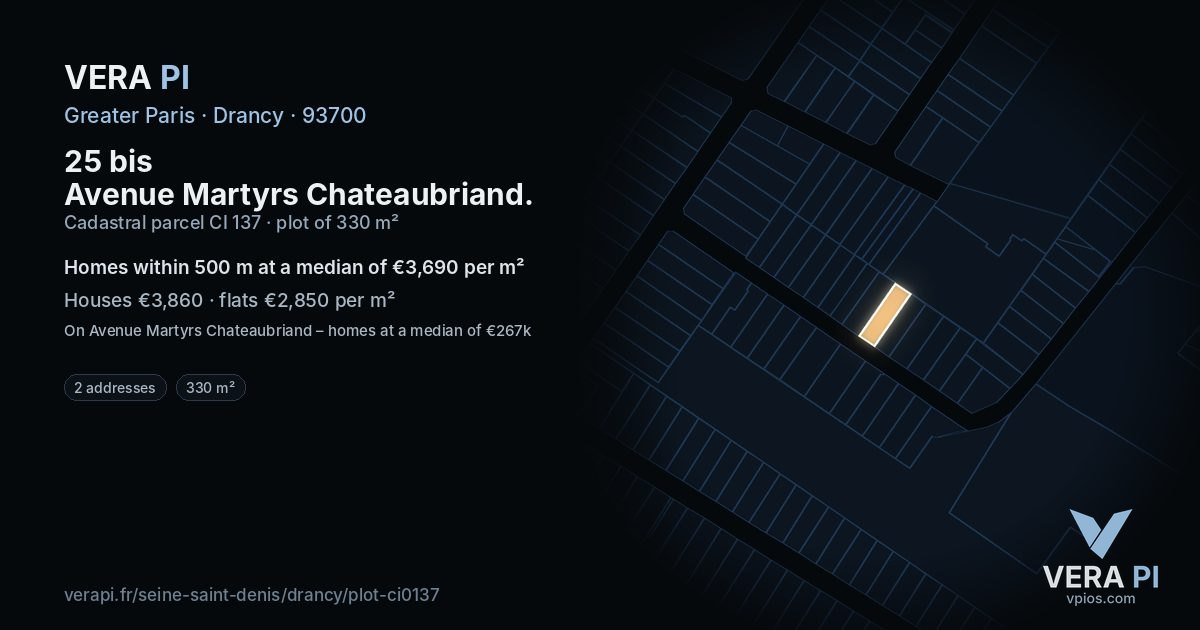25 bis Avenue Martyrs Chateaubriand, Drancy at night – the plot lit, the parcels around coloured by the prices near them