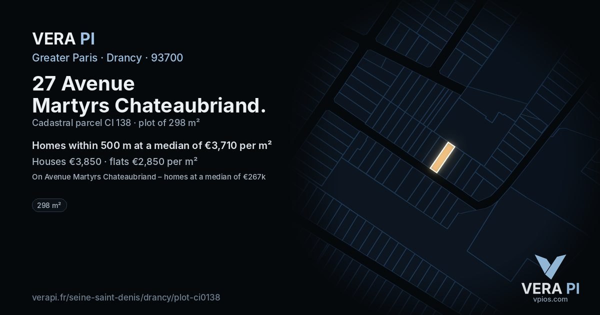 27 Avenue Martyrs Chateaubriand, Drancy at night – the plot lit, the parcels around coloured by the prices near them
