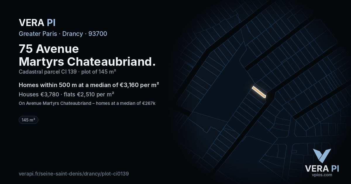 75 Avenue Martyrs Chateaubriand, Drancy at night – the plot lit, the parcels around coloured by the prices near them