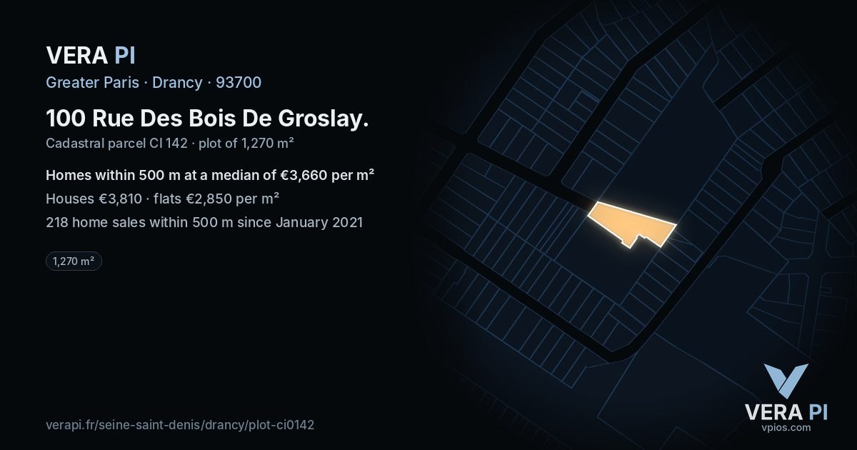 100 Rue Des Bois De Groslay, Drancy at night – the plot lit, the parcels around coloured by the prices near them