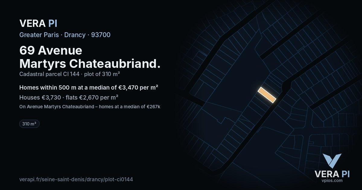 69 Avenue Martyrs Chateaubriand, Drancy at night – the plot lit, the parcels around coloured by the prices near them