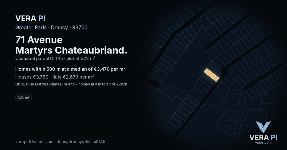 71 Avenue Martyrs Chateaubriand, Drancy at night – the plot lit, the parcels around coloured by the prices near them