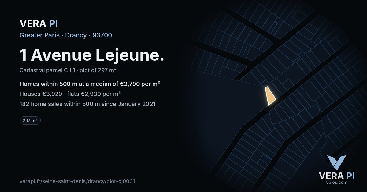 1 Avenue Lejeune, Drancy at night – the plot lit, the parcels around coloured by the prices near them